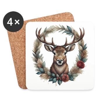 Deer with antlers in Christmas wreath - Coasters (set of 4) - white - Front