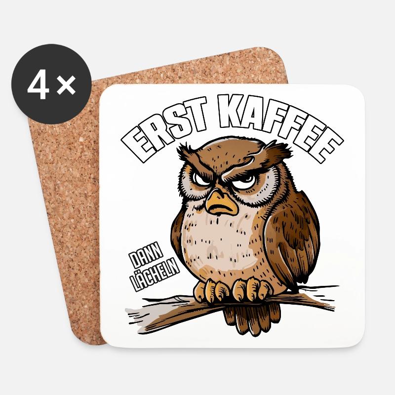 Erst Kaffee dann Lächeln schläfrige Eule - Untersetzer (4er-Set) - Weiß
