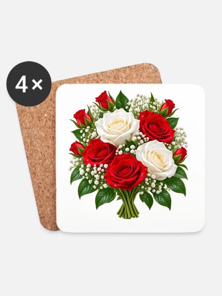 Rot-weiß-Rosenstrauß-Druck - Untersetzer (4er-Set) - Weiß