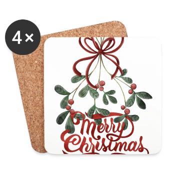 Merry Christmas lettering with mistletoe - Coasters (set of 4) - white - Front