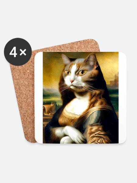 Meow Lisa Funny Cat Parody of the Mona Lisa - Coasters (set of 4) - white