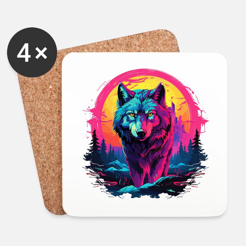 Wolf Wolfskopf Wölfe Wolfsrudel Natur Neon Bunt - Untersetzer (4er-Set) - Weiß