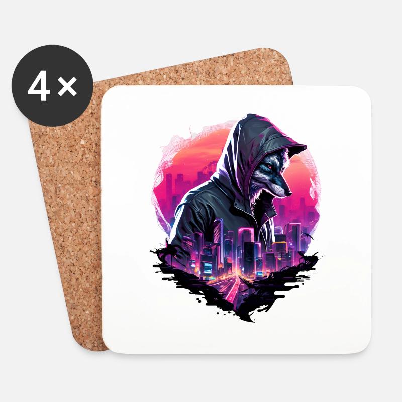 Synthwave Wolf mit Skyline - Untersetzer (4er-Set) - Weiß