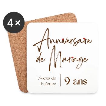Anniversaire de mariage 9 ans cadeau personnalisé - Dessous de verre (lot de 4) - blanc - Devant