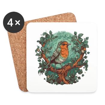 Robin singing on a branch - Coasters (set of 4) - white - Front