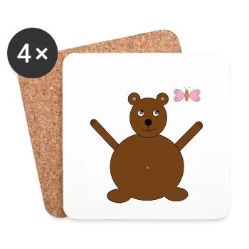 Brauner Bär & rosa/blauer Schmetterling - Untersetzer (4er-Set) - Weiß - Vorne