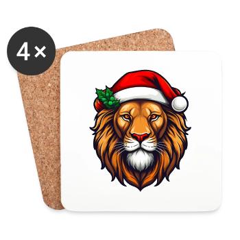 Lion de Noël avec chapeau de Père Noël - Dessous de verre (lot de 4) - blanc - Devant