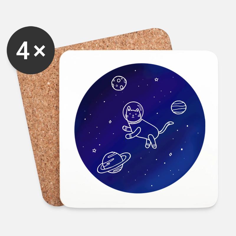 Doodle-Style Hand Drawn Space Cat - Coasters (set of 4) - white