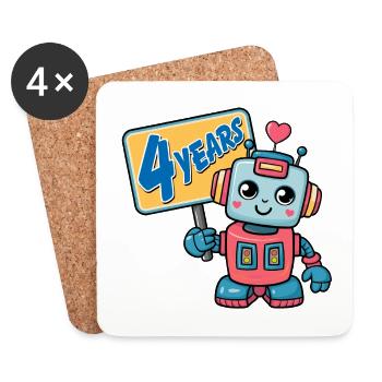 Four Years Little Robot Children's Birthday Party - Coasters (set of 4) - white - Front