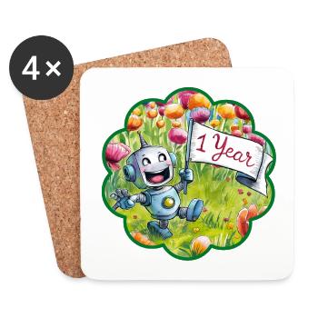 1 Jahr 1. Geburtstag Roboter auf Blumenwiese - Untersetzer (4er-Set) - Weiß - Vorne