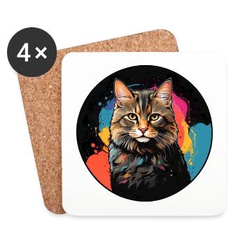 Portrait de chat mignon en technique d'aquarelle dans un cercle - Dessous de verre (lot de 4) - blanc - Devant