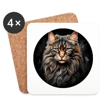 Portrait de chat Maine Coon en technique aquarelle - Dessous de verre (lot de 4) - blanc - Devant