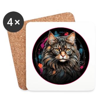 Portrait de chat Maine Coon en technique aquarelle - Dessous de verre (lot de 4) - blanc - Devant