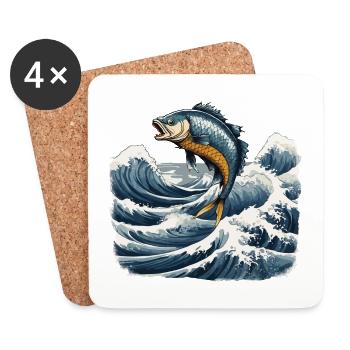 Ukiyo-e Angler Vintage vagues poisson Art Design - Dessous de verre (lot de 4) - blanc - Devant