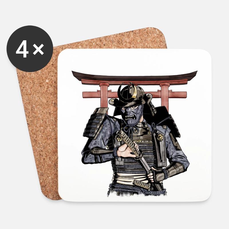 Blauer Samurai zieht sein Katana mit Torii aus der Scheide - Untersetzer (4er-Set) - Weiß