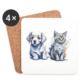 Watercolor Painting of a Cute Puppy and Kitten - Coasters (set of 4) - white - Front