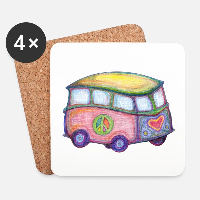 Bus Love Peace Hippie - Untersetzer (4er-Set) - Weiß