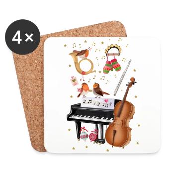 Weihnachten mit Rotkehlchen und Musik - Untersetzer (4er-Set) - Weiß - Vorne