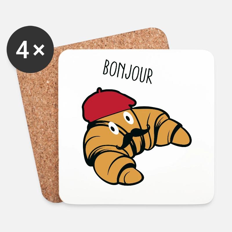 Bonjour Croissant mit Schnurrbart und Mütze Hut Essen - Untersetzer (4er-Set) - Weiß