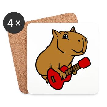 Capybara Playing Guitar Rock Guitarist Cartoon - Coasters (set of 4) - white - Front