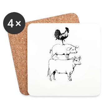 T-shirt empilé d'animaux de ferme. Viande de coq de cochon de vache - Dessous de verre (lot de 4) - blanc - Devant