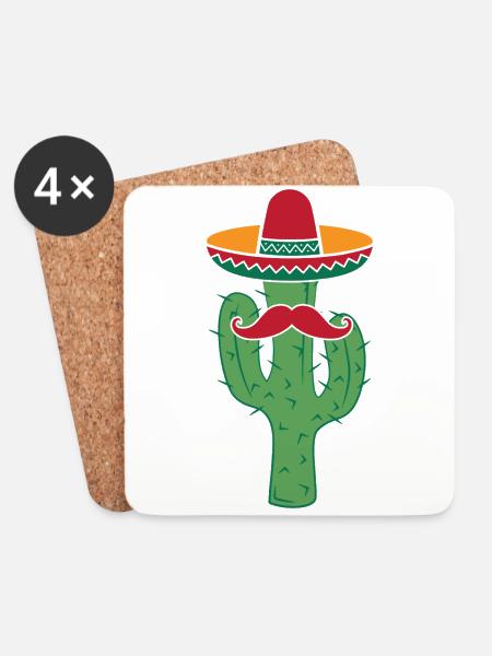 Cactus With Sombrero Mustache Funny Cinco De Mayo - Coasters (set of 4) - white