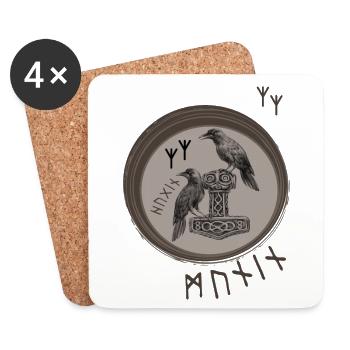 Thor Hammer Mjölnir with Odin Ravens Hugin and Munin - Coasters (set of 4) - white - Front