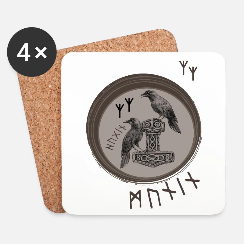 Thor Hammer Mjölnir mit Odin Raben Hugin und Munin - Untersetzer (4er-Set) - Weiß