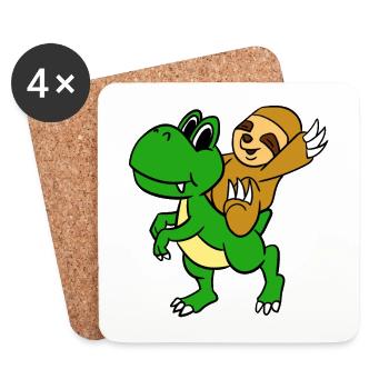 Sloth Riding T-Rex T-Shirt Funny Cute Sloth - Coasters (set of 4) - white - Front