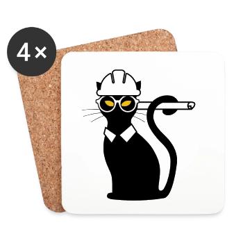 Ingénieur chat casque chapeau plan idée cadeau - Dessous de verre (lot de 4) - blanc - Devant