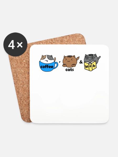 coffee, cats & books | Kaffee, Katzen & Bücher - Untersetzer (4er-Set) - Weiß