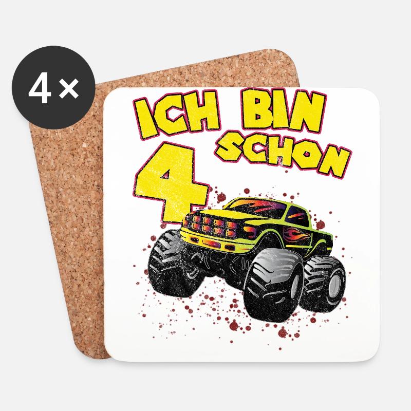 Ja ich bin 4 Geburtstag Geschenk Monstertruck - Untersetzer (4er-Set) - Weiß