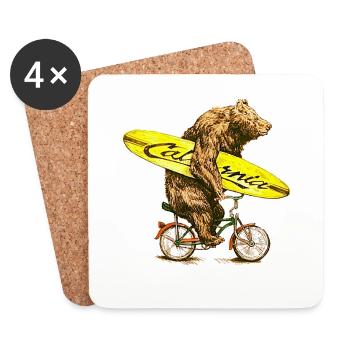 Ours avec planche de surf de la Californie sur vélo - Dessous de verre (lot de 4) - blanc - Devant