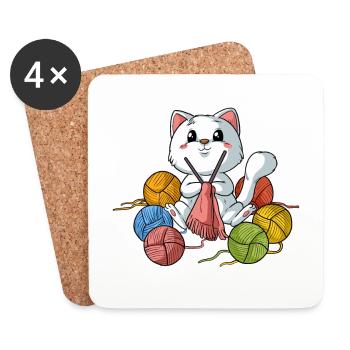 Cat Knitting Kitten Wool Ball of Wool Kitty - Coasters (set of 4) - white - Front