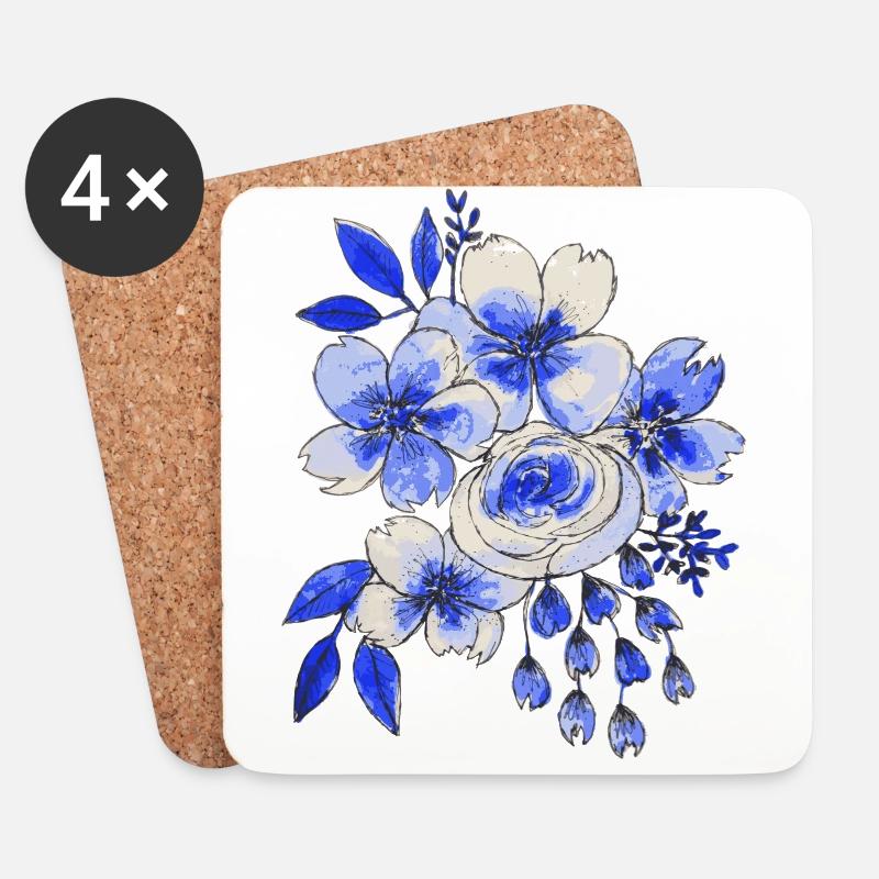 Blau-weißer Blumenstrauß - Untersetzer (4er-Set) - Weiß