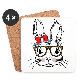 Lapin avec lunettes léopard + noeud - Dessous de verre (lot de 4) - blanc - Devant