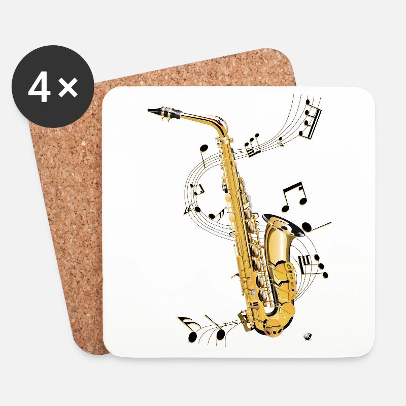Saxofonillustration med musiksystem med noder - Glasbrikker (sæt med 4 stk.) - hvid