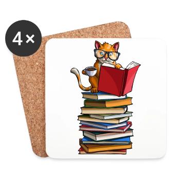 Süße Katzen, Bücher und Tee Lustige Bibliophile Kitty L. - Untersetzer (4er-Set) - Weiß - Vorne