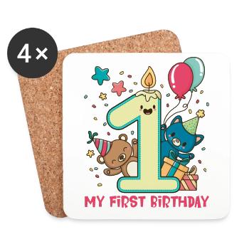 Birthday Baby - 1st Birthday Bear and Cat - Coasters (set of 4) - white - Front