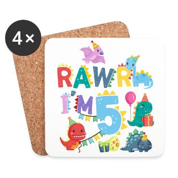 Rawr Ich Bin 5 | Rawr Dinosaurier | 5. Geburtstag - Untersetzer (4er-Set) - Weiß - Vorne
