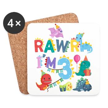 Rawr Ich Bin 3 | Rawr Dinosaurier | 3. Geburtstag - Untersetzer (4er-Set) - Weiß - Vorne