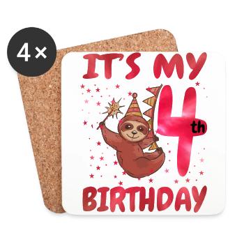 4th Birthday Cute Sloth Party Hat - Coasters (set of 4) - white - Front