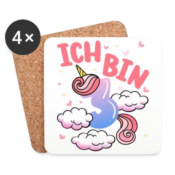 Ich Bin 3 Jahre Alt | Einhorn Thema | 3. - Untersetzer (4er-Set) - Weiß - Vorne
