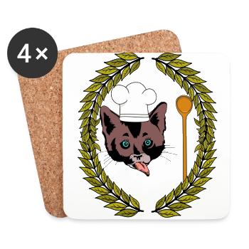 Couronne de laurier Gourmet Chef chat cuillère en bois faim - Dessous de verre (lot de 4) - blanc - Devant