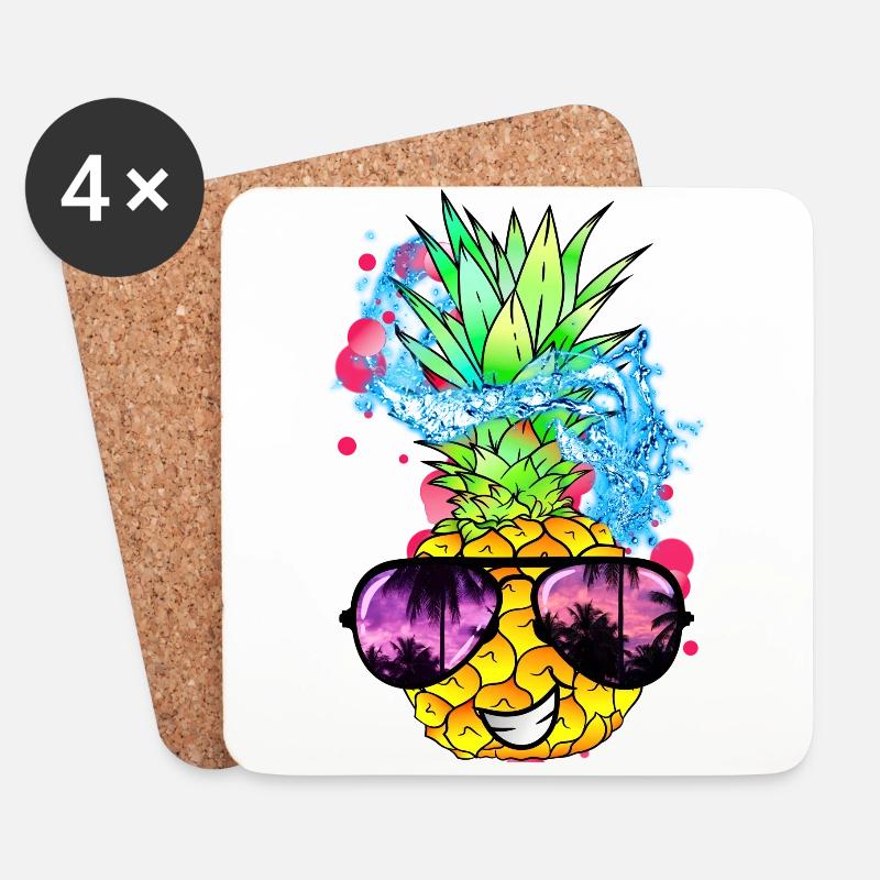 spritzige Ananas Frucht mit Gesicht - Untersetzer (4er-Set) - Weiß