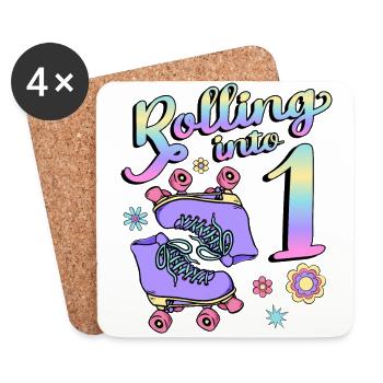 Rolling Into 1 Roller Skaters Floral 1st Year - Coasters (set of 4) - white - Front