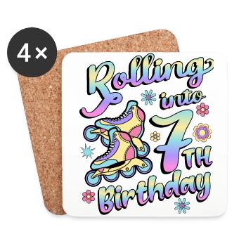 Rolling Into 7th Birthday Roller Skater - Coasters (set of 4) - white - Front