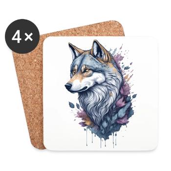 Skurriles Blumenwolf-Aquarellgemälde - Untersetzer (4er-Set) - Weiß - Vorne