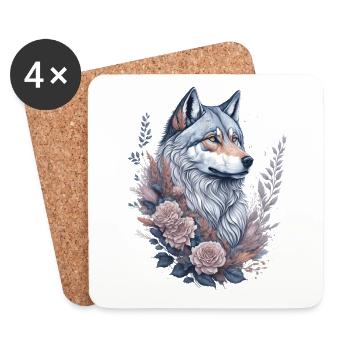 Peinture à l’aquarelle fantaisiste Floral Wolf - Dessous de verre (lot de 4) - blanc - Devant