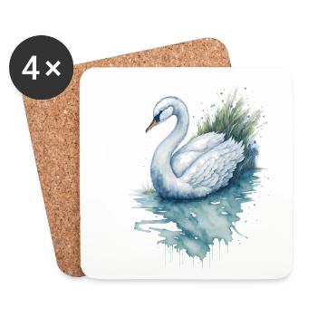 Peinture à l’aquarelle de cygne gracieuse - Dessous de verre (lot de 4) - blanc - Devant